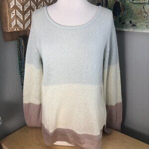 HINGE Color Block Pink Gray Striped Lightweight Knit Scoop Neck Sweater size M